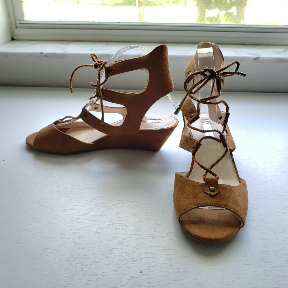 INC Tan Faux Suede Lace up Wedge Sandals - Picture 2 of 11